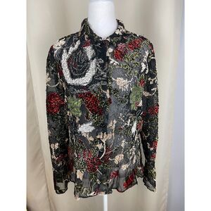 Pleats Collection Crinkle Velvet Floral Blouse - Size M romantic florals, artsy